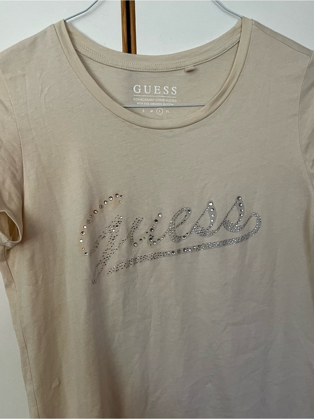 GUESS Cream Short Sleeve Tee with Rhinestone Script Logo - Picture 2 of 4